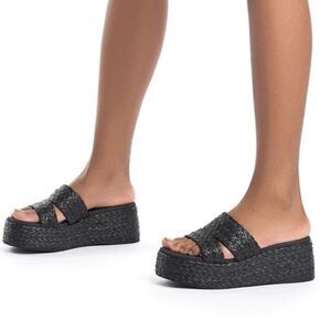 PENDING: Larroude Black Woven Platform Slide Sandals